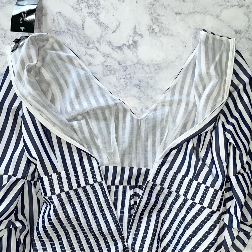 New Central Park West Balloon Sleeve Layered Peplum Striped Cotton Shirt - Picture 14 of 16